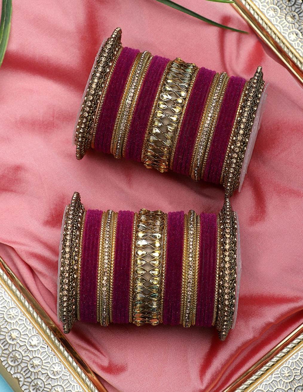 Velvet Bangle Set with Centre Kada and Pacheli by T4 Jewels Maroon All Bangle Sets T4 Jewels