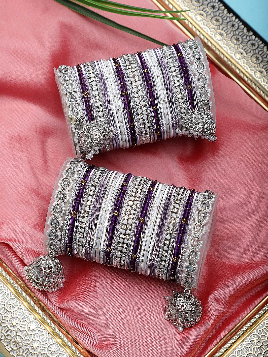Pastel Coloured Bridal Bangle set with Silver kundan Jhumki Wine All Bangle Sets T4 Jewels