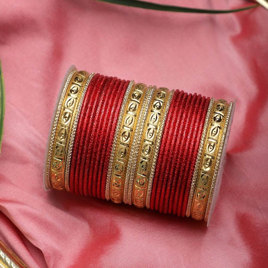 Bangle Set with Golden Etching Kada by T4 Jewels Red All Bangle Sets T4 Jewels