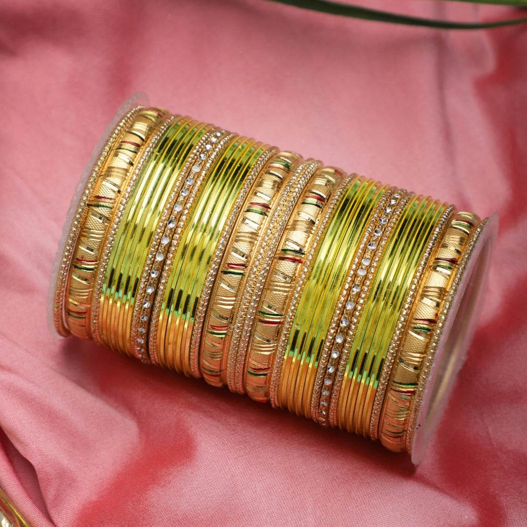 Shining Bangle Set with Golden Meenakari Kada by T4 Jewels Lemon All Bangle Sets T4 Jewels