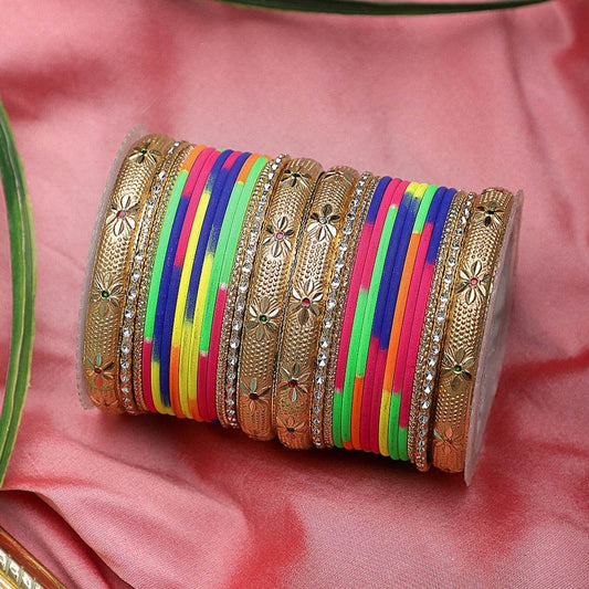 Matte Bangle Set with Golden Meenakari Kada by T4 Jewels Multi All Bangle Sets T4 Jewels