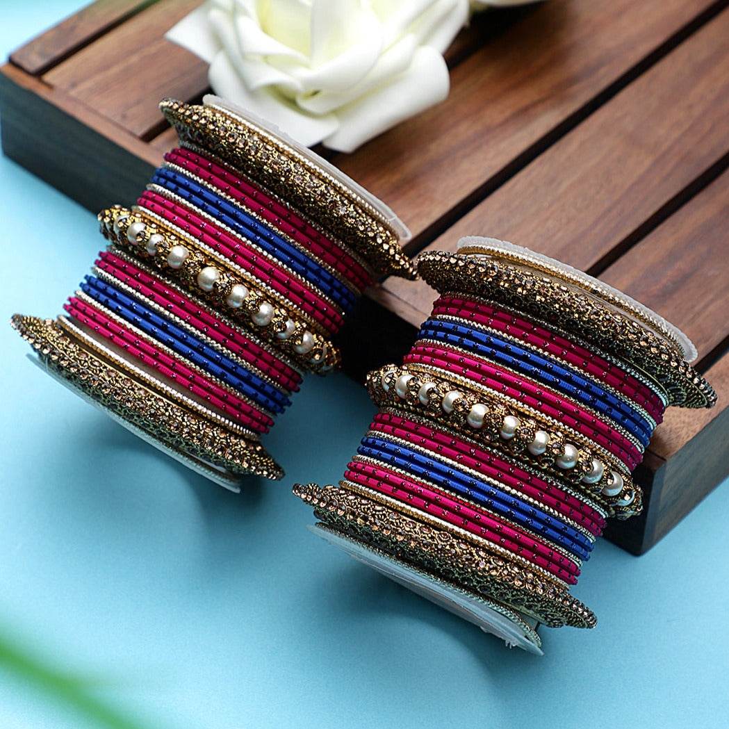Set of 2 Traditional Multi-Colored Pearl Chakri Bangle Set Red-Blue All Bangle Sets T4 Jewels