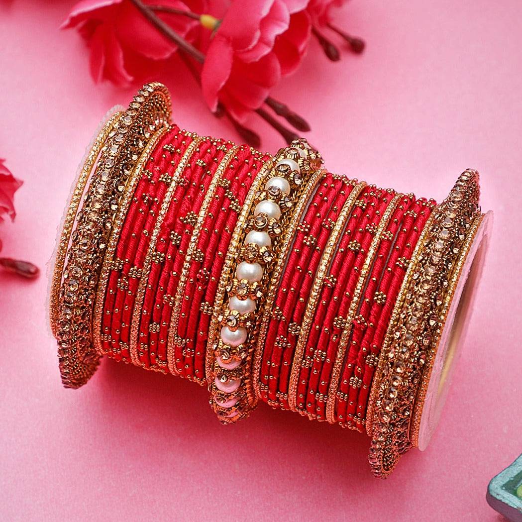 Traditional Thread bangle set with Pearl centre kada by T4 Jewels Red All Bangle Sets T4 Jewels