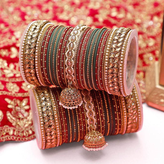 Colourful Jhumki Bangle set with Kundan Border Kada by T4 Jewels Red-Green All Bangle Sets T4 Jewels