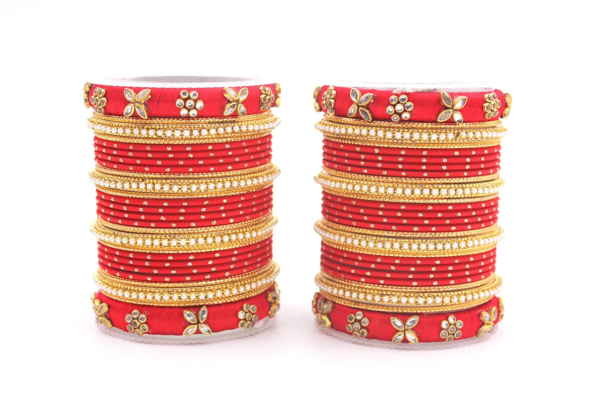 Set of 2 Bangle sets with Thread Bangles with floral Design Red All Bangle Sets T4 Jewels