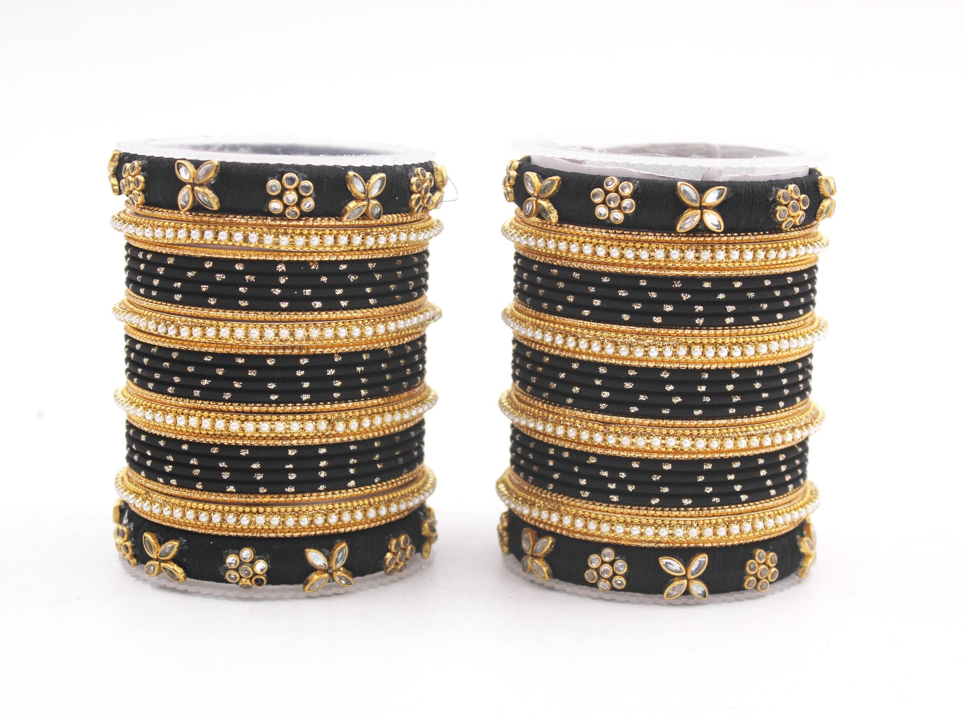 Set of 2 Bangle sets with Thread Bangles with floral Design Black All Bangle Sets T4 Jewels