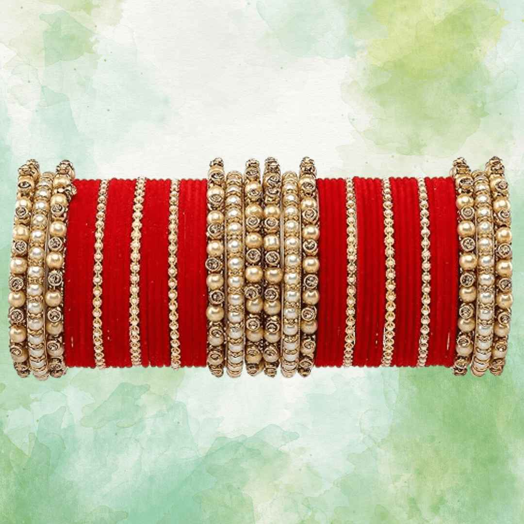 T4 Jewels Brass Metal Beads Stones & Gemstones Studded Moti & Pearl Glossy Finished Bangles Set - 114NO All Bangle Sets T4 Jewels