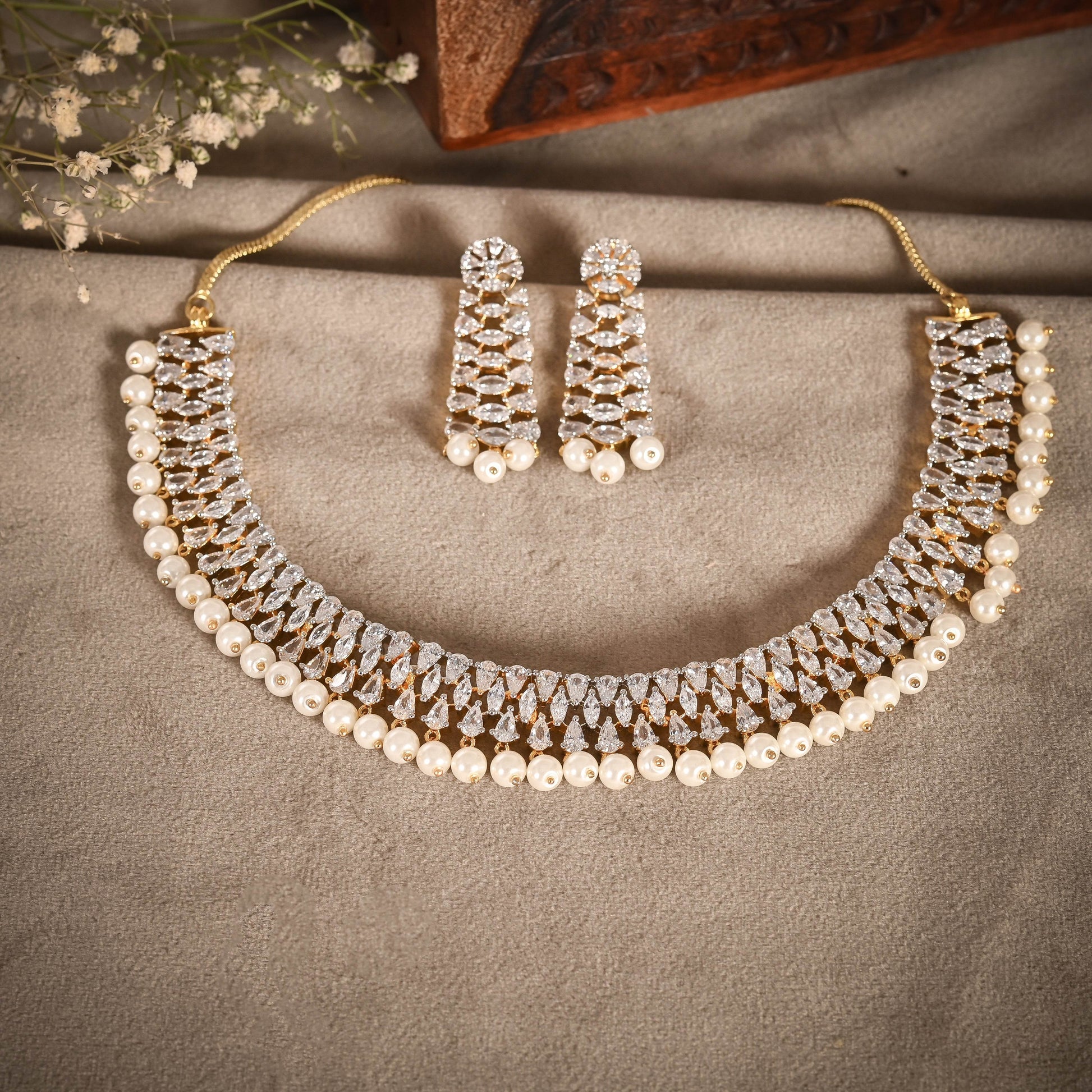 Exquisite Handcrafted CZ and Pearl Necklace Set T4 Jewels