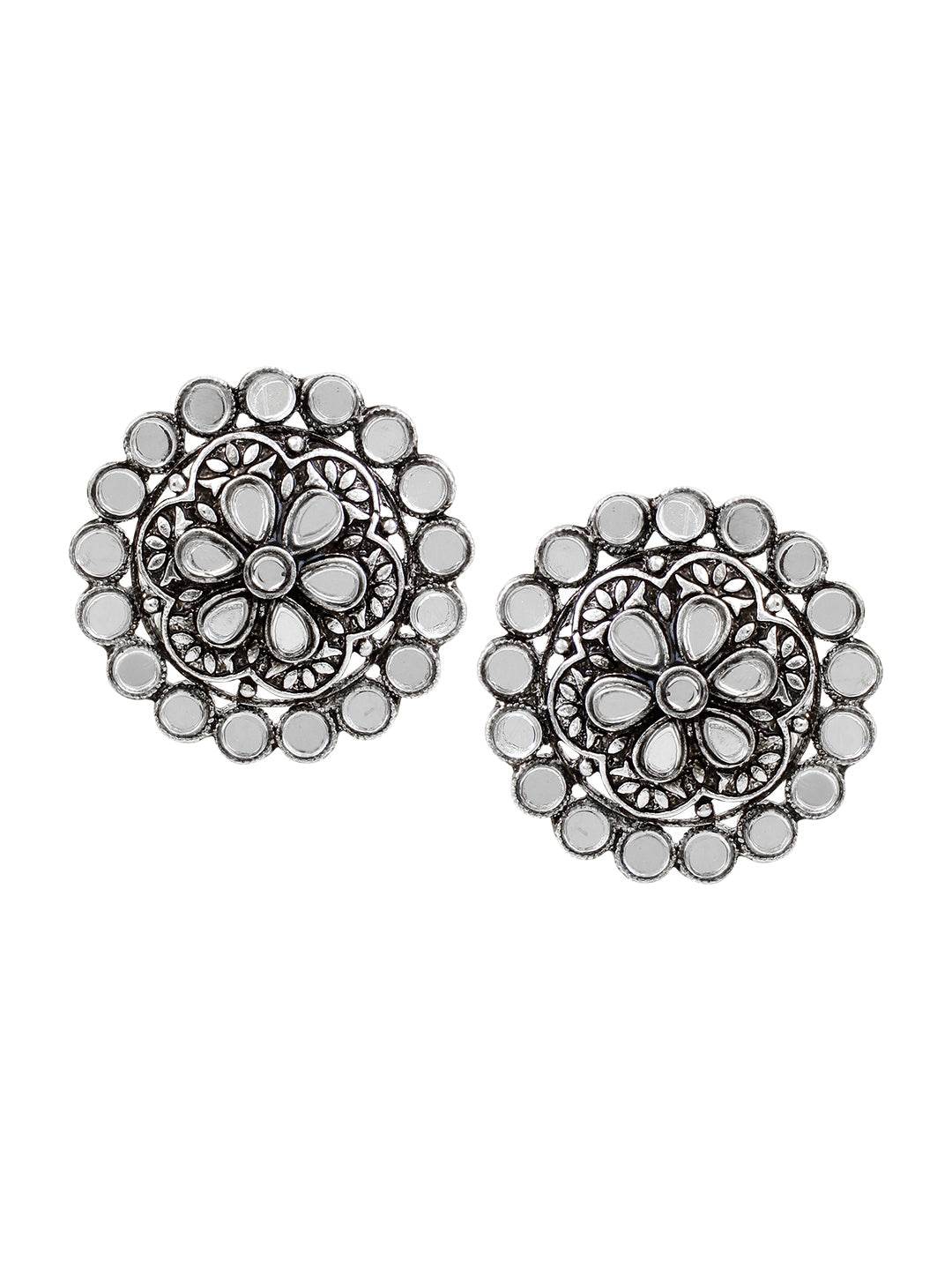 Oxidized Flower shape Earring with Mirrorwork by T4 Jewels Silver T4 Jewels