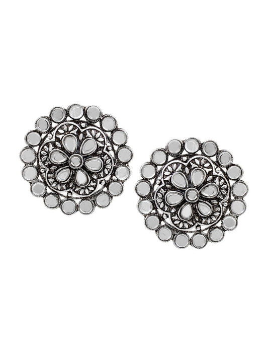Oxidized Flower shape Earring with Mirrorwork by T4 Jewels Silver T4 Jewels