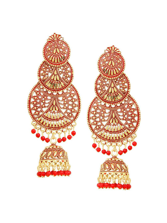 Traditional 3 Tier Jhumki Earring by T4 Jewels Red T4 Jewels