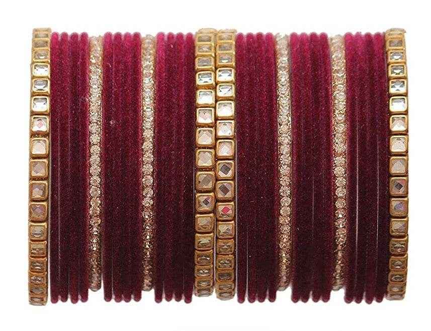 T4 Jewels 18k Gold Plated Zircon Stones And Beads Studded Fashion Jewellery Metal Bangles Set - 68NO Maroon All Bangle Sets T4 Jewels