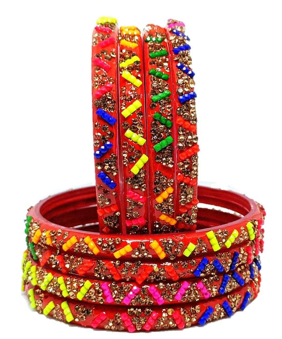 T4 Jewels (Large Size) Red, Green MultiColor Glass Kada Bangles (Pack Of 8)-KVT Multi Large Size Bangles T4 Jewels