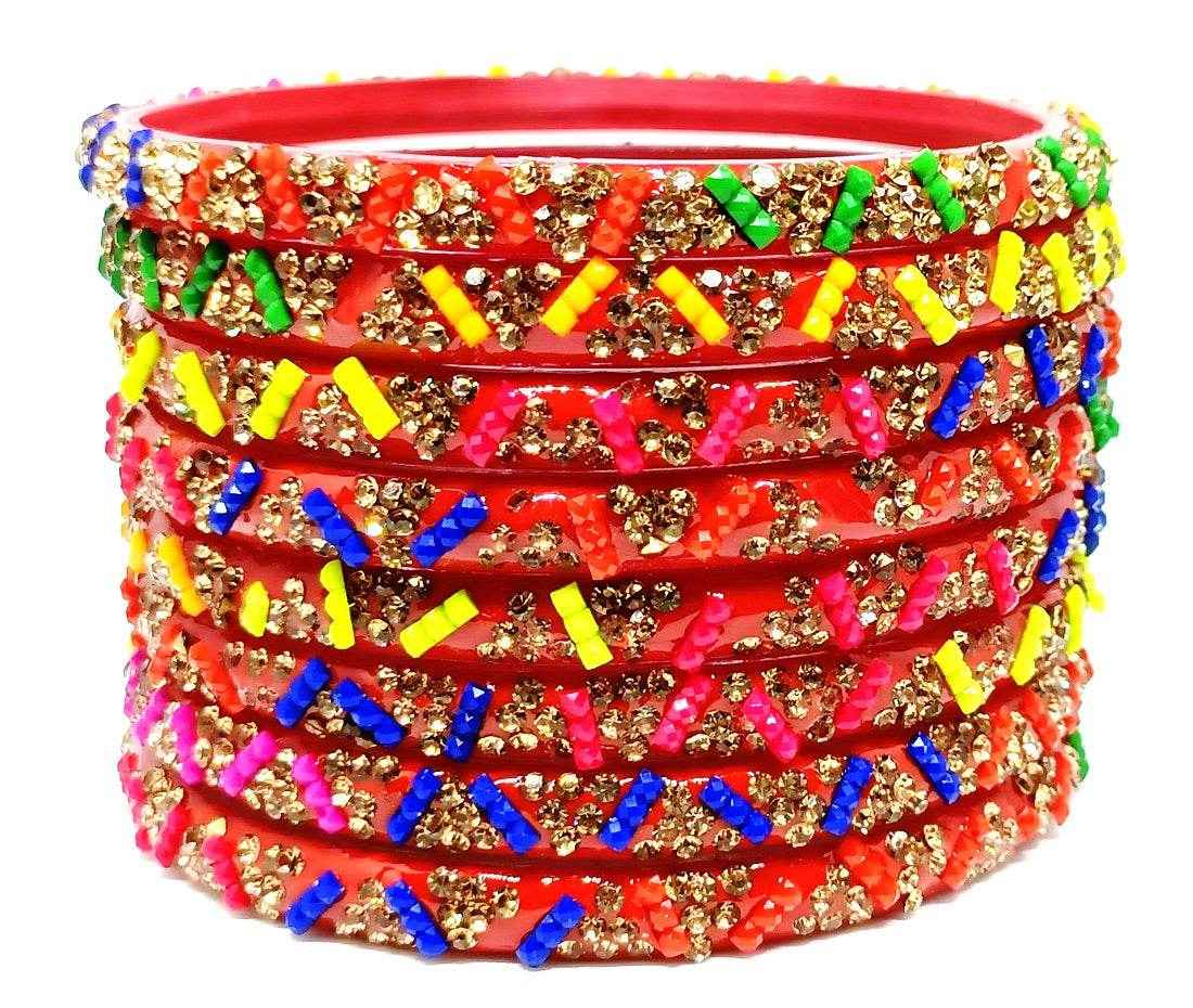 T4 Jewels (Large Size) Red, Green MultiColor Glass Kada Bangles (Pack Of 8)-KVT Large Size Bangles T4 Jewels