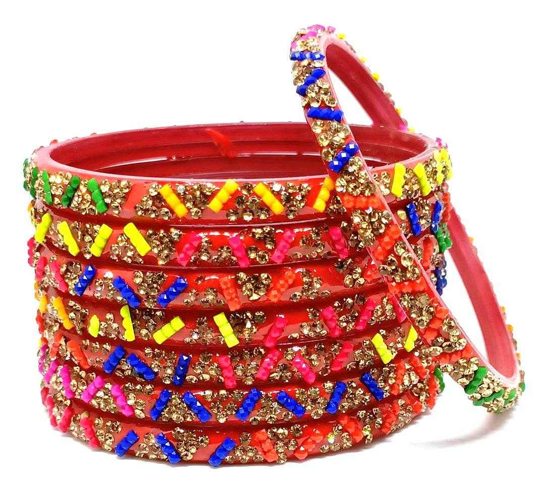 T4 Jewels (Large Size) Red, Green MultiColor Glass Kada Bangles (Pack Of 8)-KVT Large Size Bangles T4 Jewels