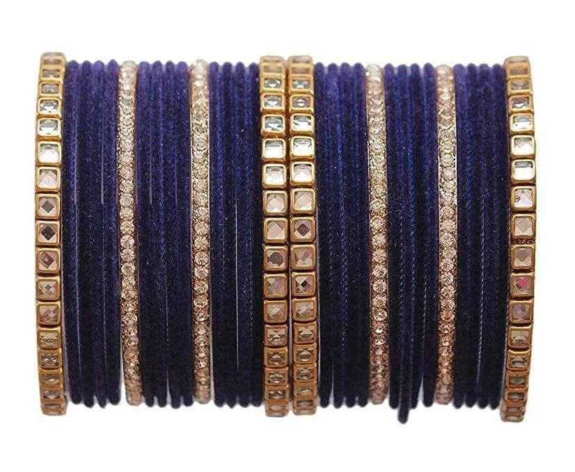 T4 Jewels 18k Gold Plated Zircon Stones And Beads Studded Fashion Jewellery Metal Bangles Set - 68NO Navy Blue All Bangle Sets T4 Jewels