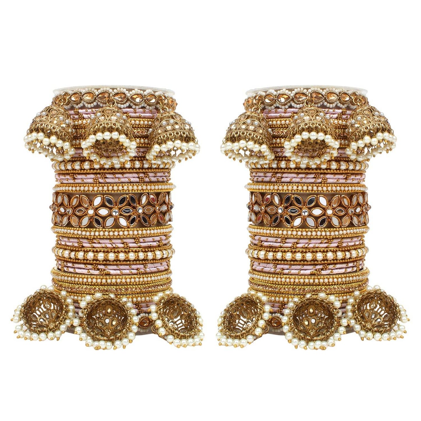 Traditional Jhumki Bangle Set with Thread Bangles and Mirror Kada Pink All Bangle Sets T4 Jewels