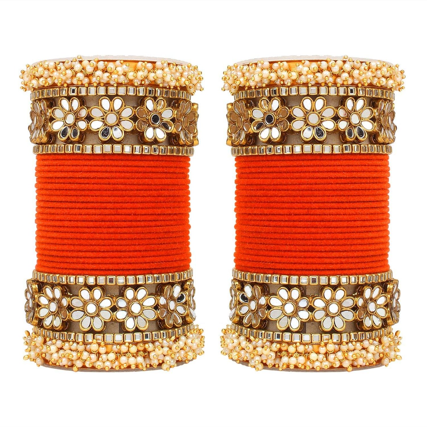 Flower Mirror Bangle Set with Velvet Bangles by T4 Jewels Orange All Bangle Sets T4 Jewels