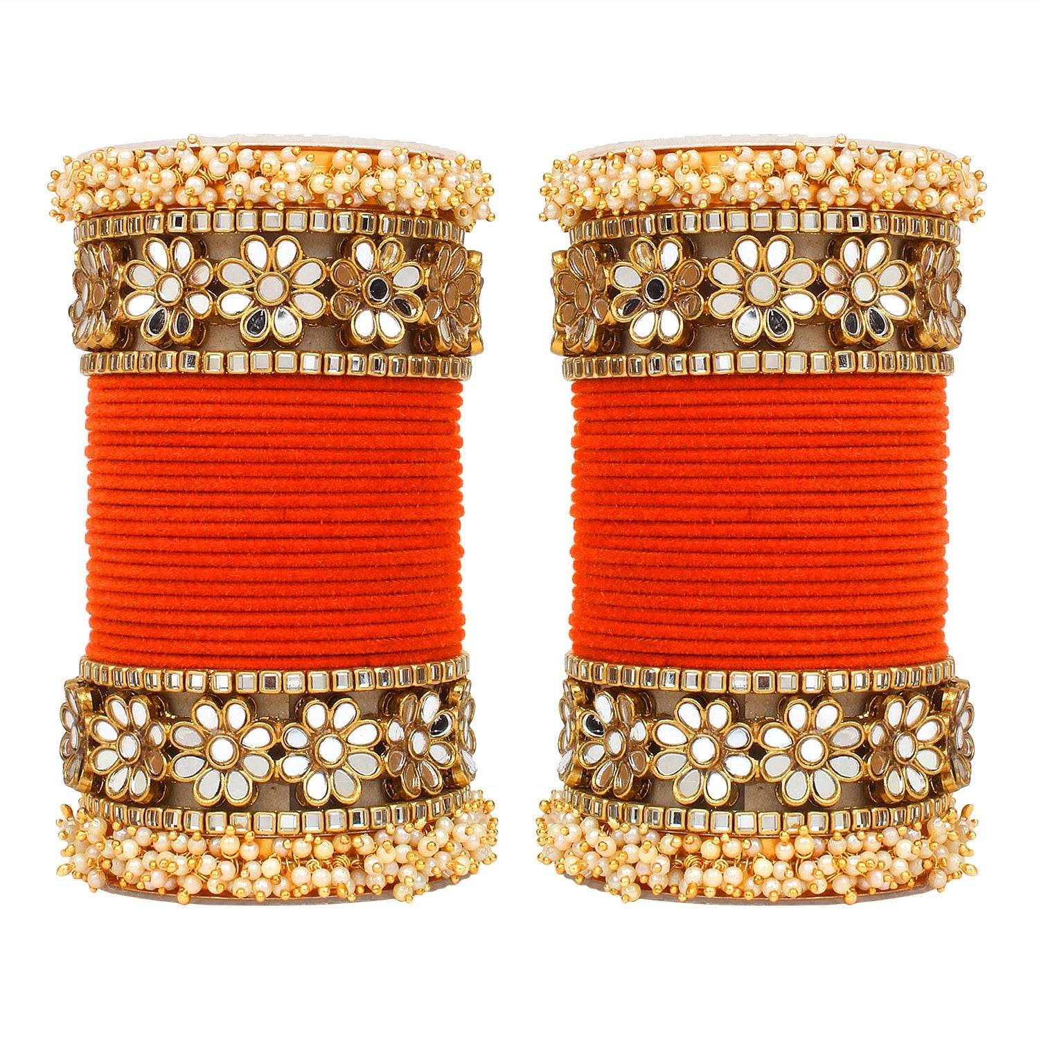 Flower Mirror Bangle Set with Velvet Bangles by T4 Jewels Orange All Bangle Sets T4 Jewels