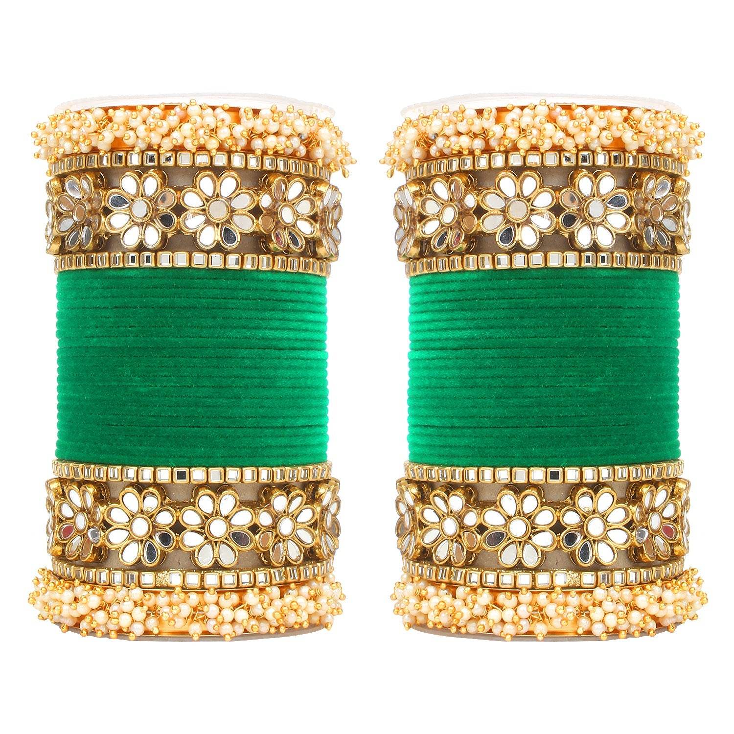 Flower Mirror Bangle Set with Velvet Bangles by T4 Jewels Green All Bangle Sets T4 Jewels