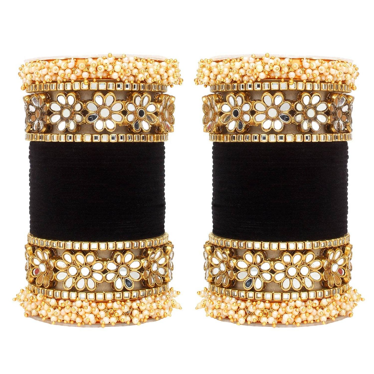Flower Mirror Bangle Set with Velvet Bangles by T4 Jewels Black All Bangle Sets T4 Jewels