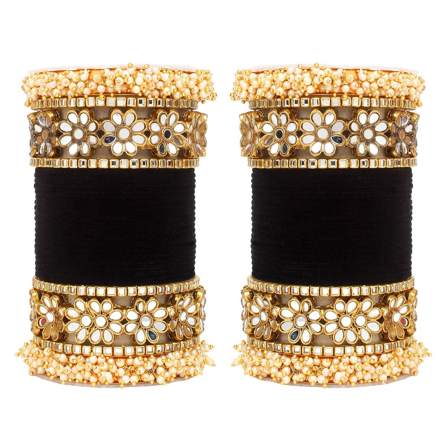 Flower Mirror Bangle Set with Velvet Bangles by T4 Jewels Black All Bangle Sets T4 Jewels