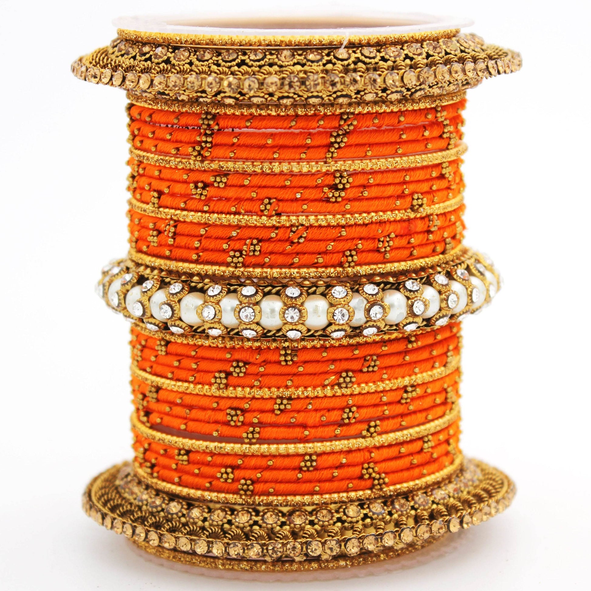 Traditional Thread bangle set with Pearl centre kada by T4 Jewels Orange All Bangle Sets T4 Jewels
