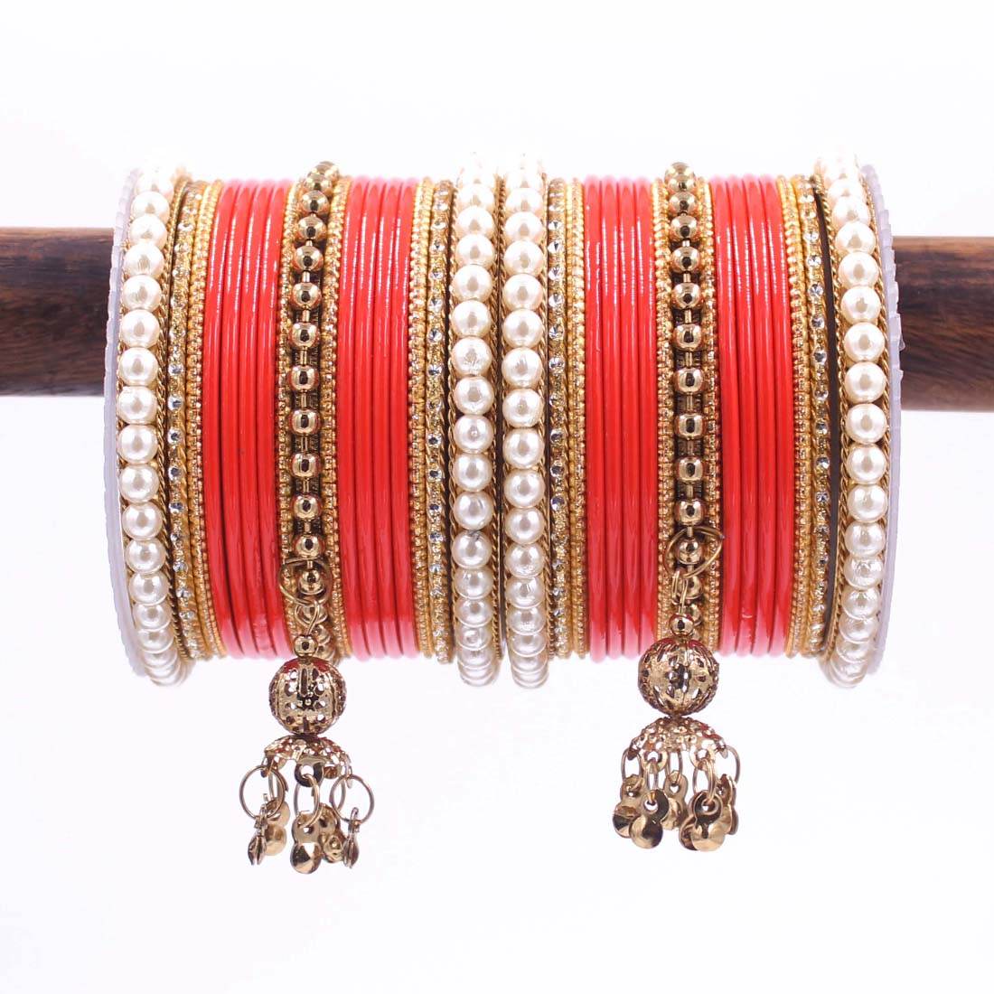 Traditional Solid Coloured Bangle Set with Pearl and Jhumki by T4 Jewels Orange All Bangle Sets T4 Jewels