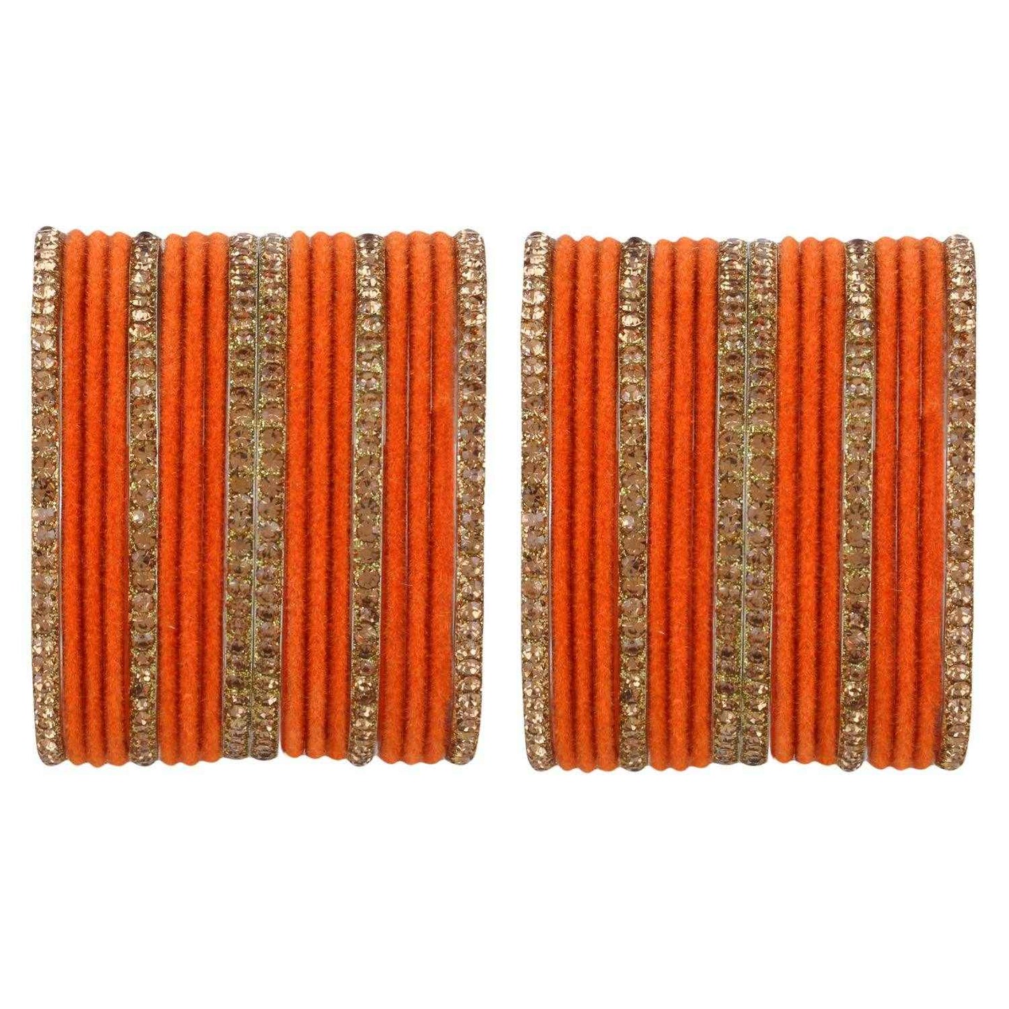 T4 Jewels Velvet Bangle Set With Golden Bangles-69 Orange All Bangle Sets T4 Jewels