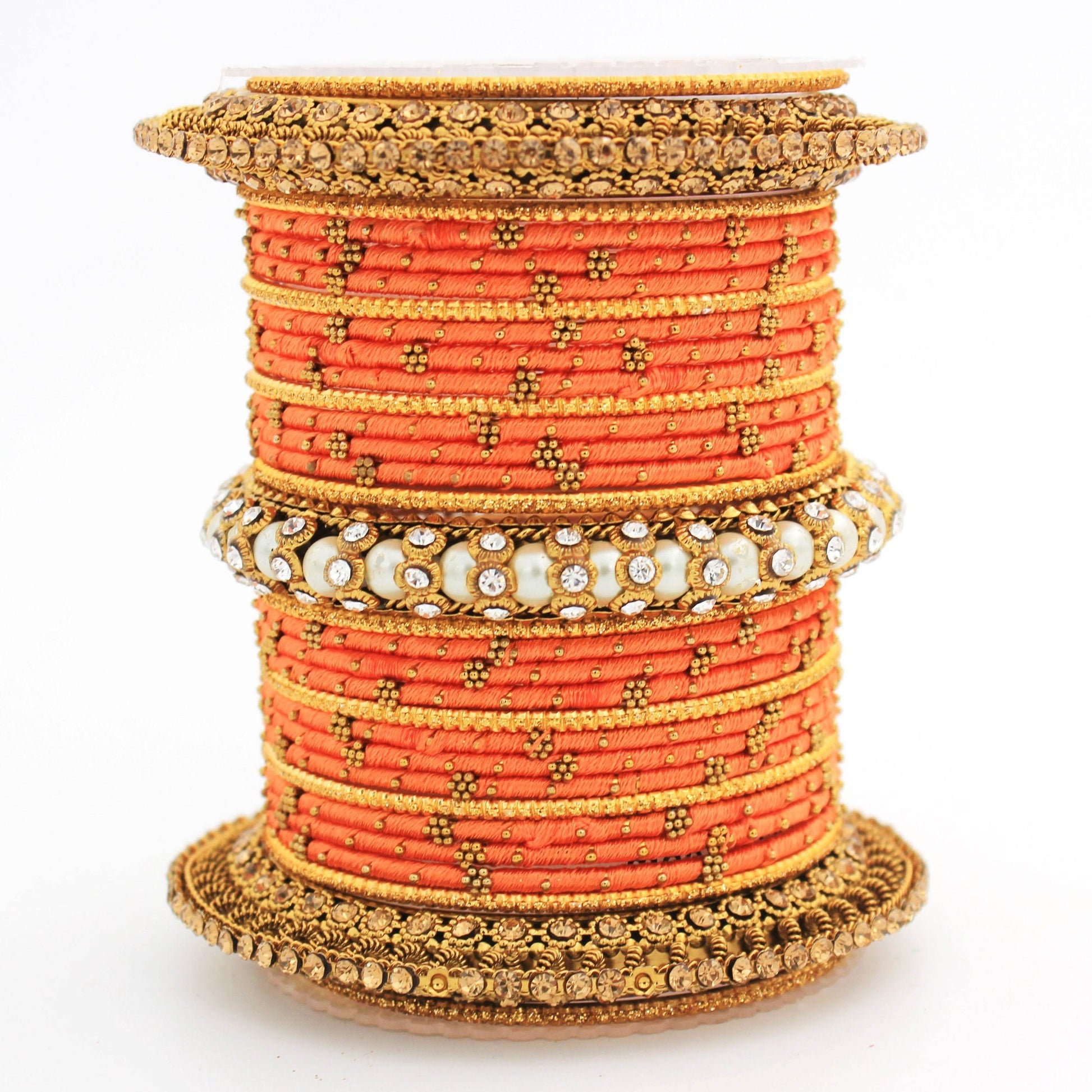 Traditional Thread bangle set with Pearl centre kada by T4 Jewels Peach All Bangle Sets T4 Jewels