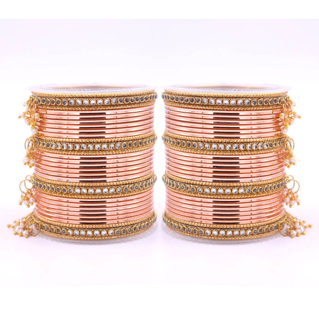 Shining Bangle Set with beaded Jhumki by T4 Jewels Peach All Bangle Sets T4 Jewels