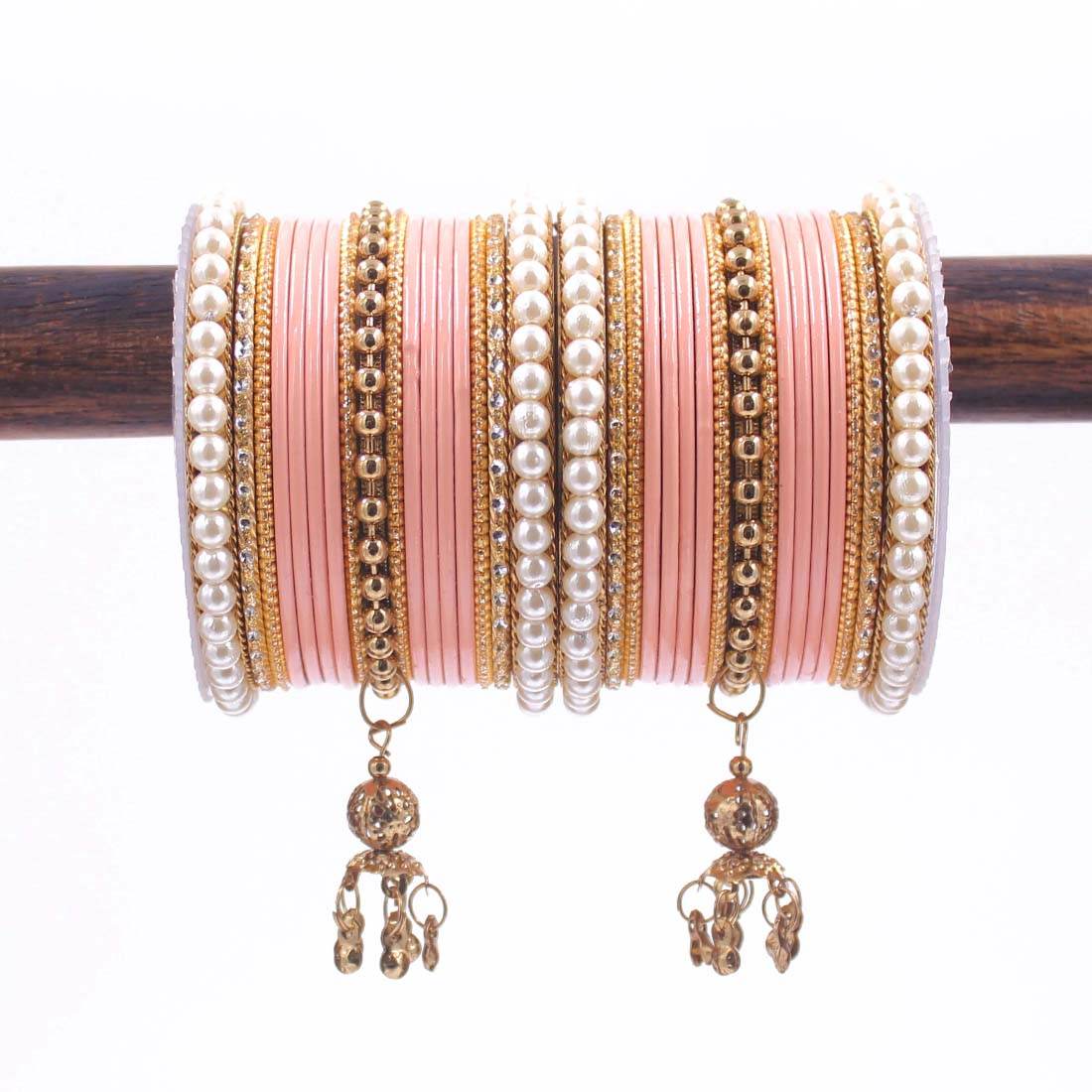 Traditional Solid Coloured Bangle Set with Pearl and Jhumki by T4 Jewels Peach All Bangle Sets T4 Jewels