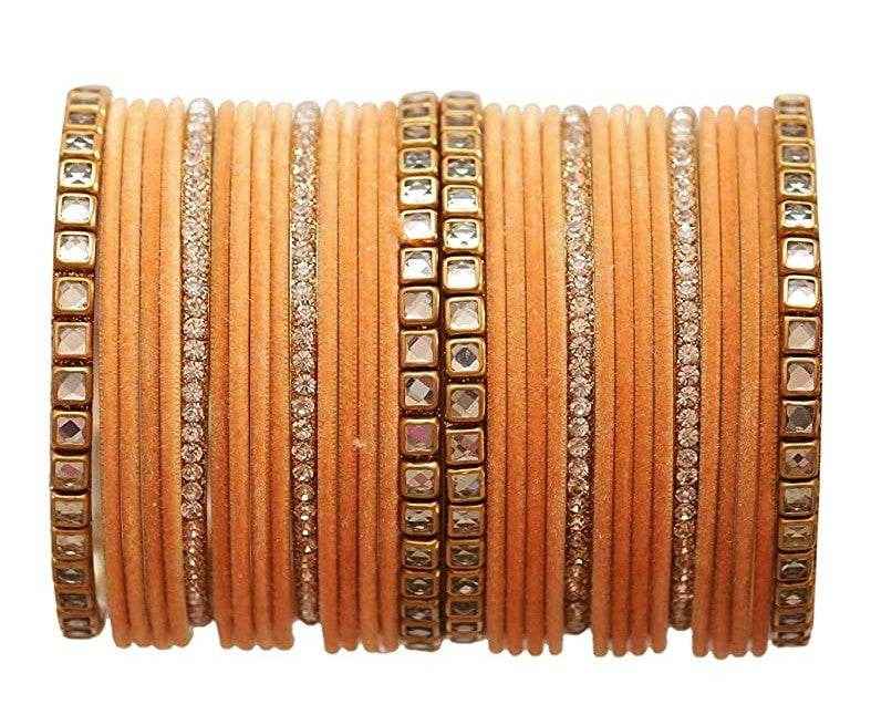 T4 Jewels 18k Gold Plated Zircon Stones And Beads Studded Fashion Jewellery Metal Bangles Set - 68NO Peach All Bangle Sets T4 Jewels