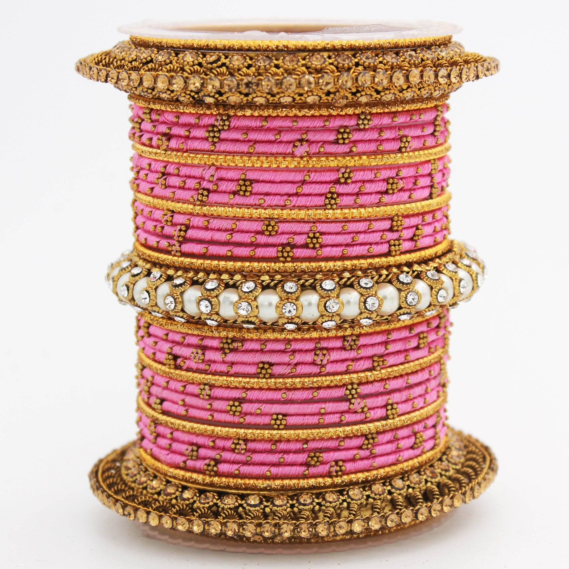 Traditional Thread bangle set with Pearl centre kada by T4 Jewels Pink All Bangle Sets T4 Jewels