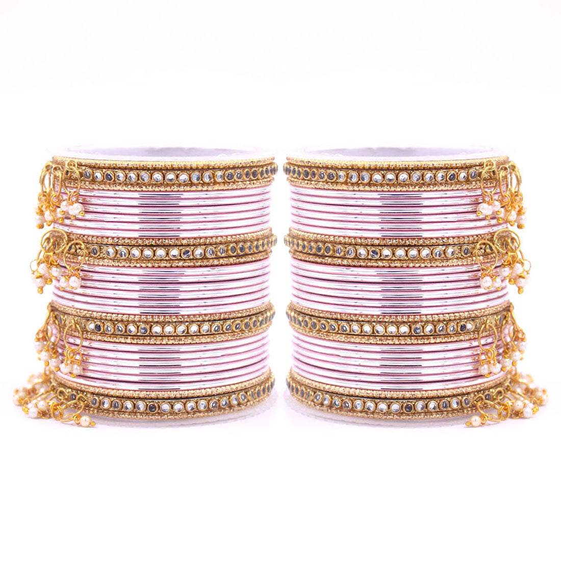Shining Bangle Set with beaded Jhumki by T4 Jewels Pink All Bangle Sets T4 Jewels