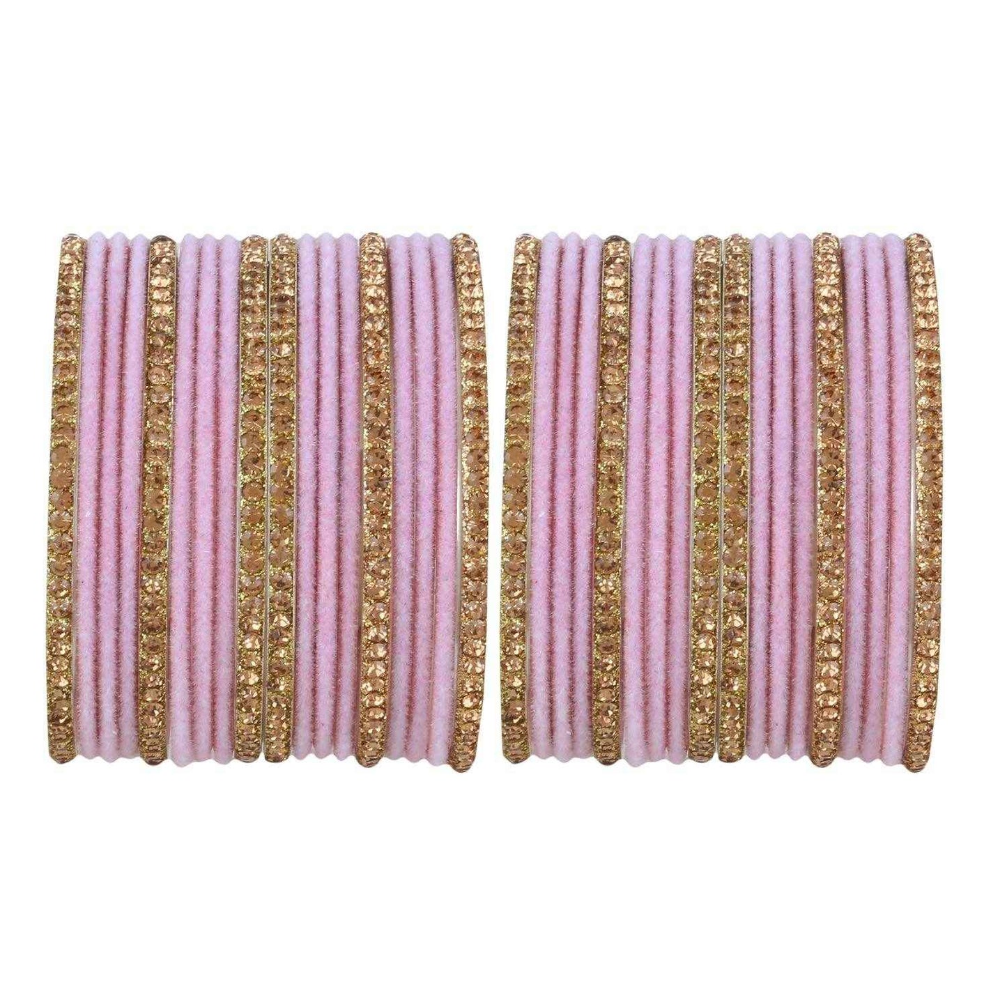 T4 Jewels Velvet Bangle Set With Golden Bangles-69 Pink All Bangle Sets T4 Jewels