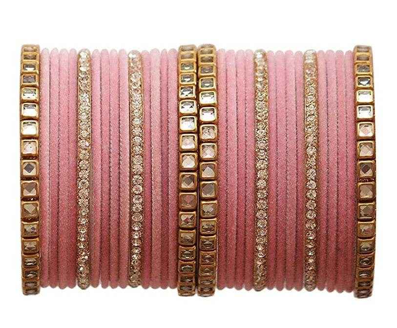 T4 Jewels 18k Gold Plated Zircon Stones And Beads Studded Fashion Jewellery Metal Bangles Set - 68NO Pink All Bangle Sets T4 Jewels
