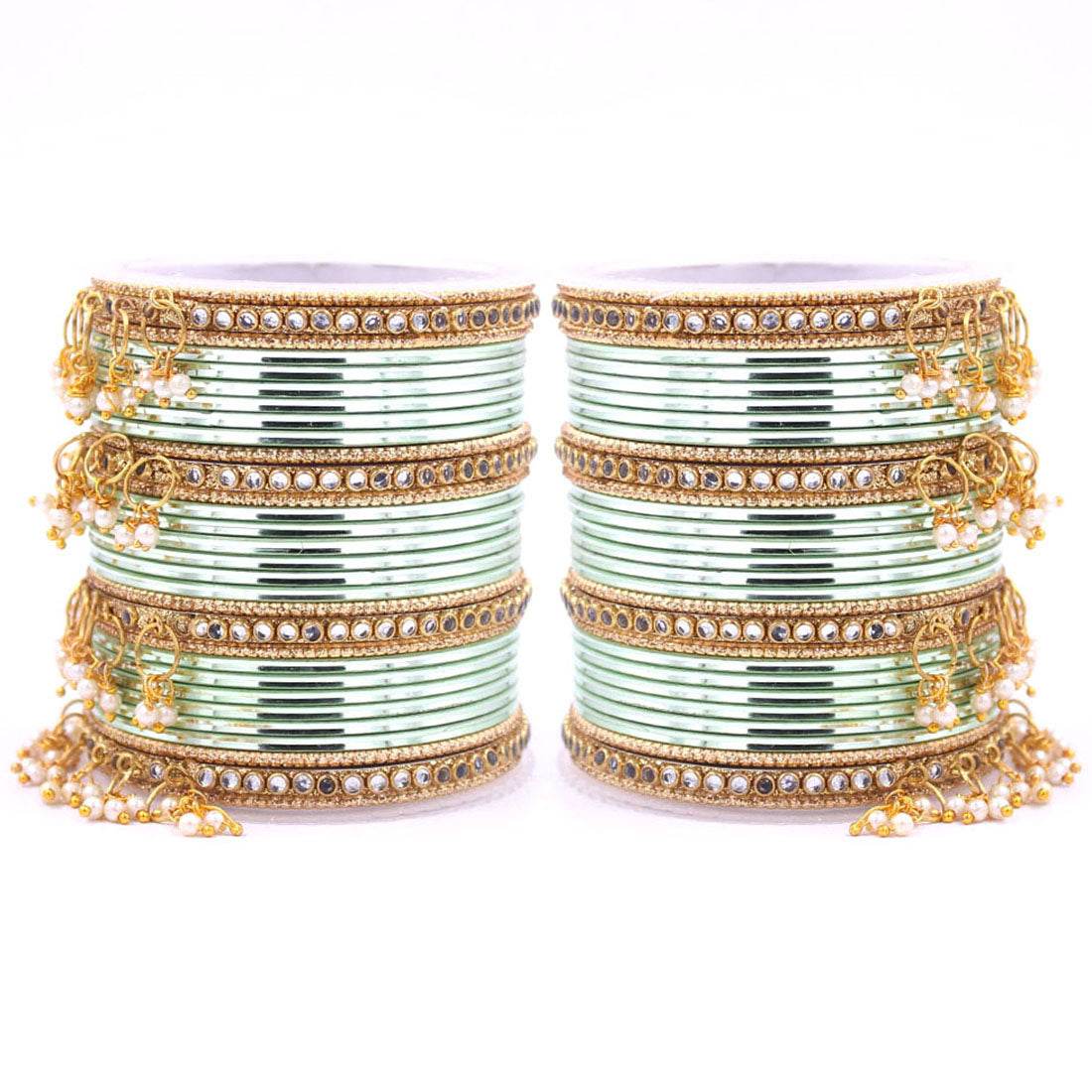Shining Bangle Set with beaded Jhumki by T4 Jewels Pista All Bangle Sets T4 Jewels