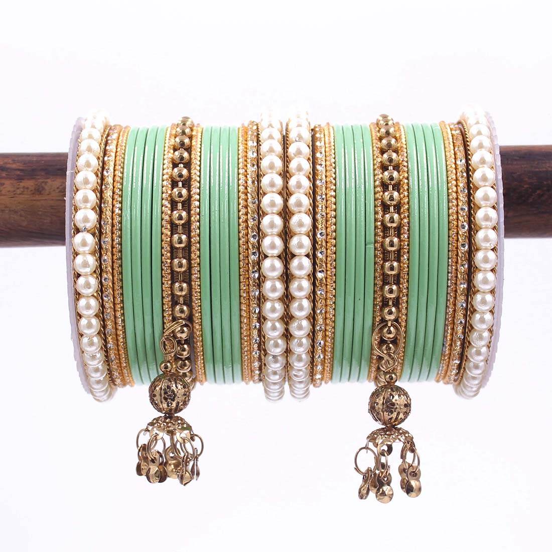 Traditional Solid Coloured Bangle Set with Pearl and Jhumki by T4 Jewels Pista All Bangle Sets T4 Jewels