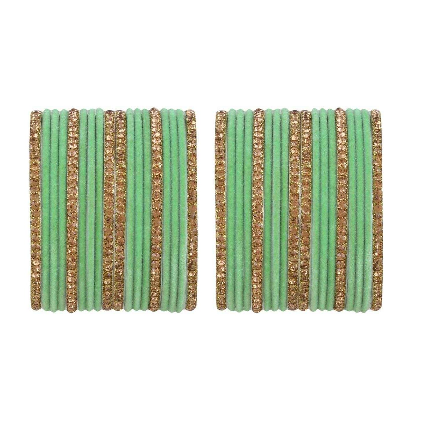 T4 Jewels Velvet Bangle Set With Golden Bangles-69 Pista All Bangle Sets T4 Jewels