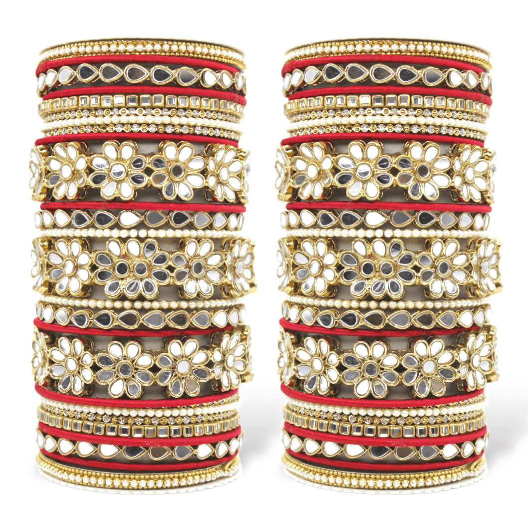 Mirrored Bridal Bangle Set with Silk thread Bangles by T4 Jewels Red All Bangle Sets T4 Jewels