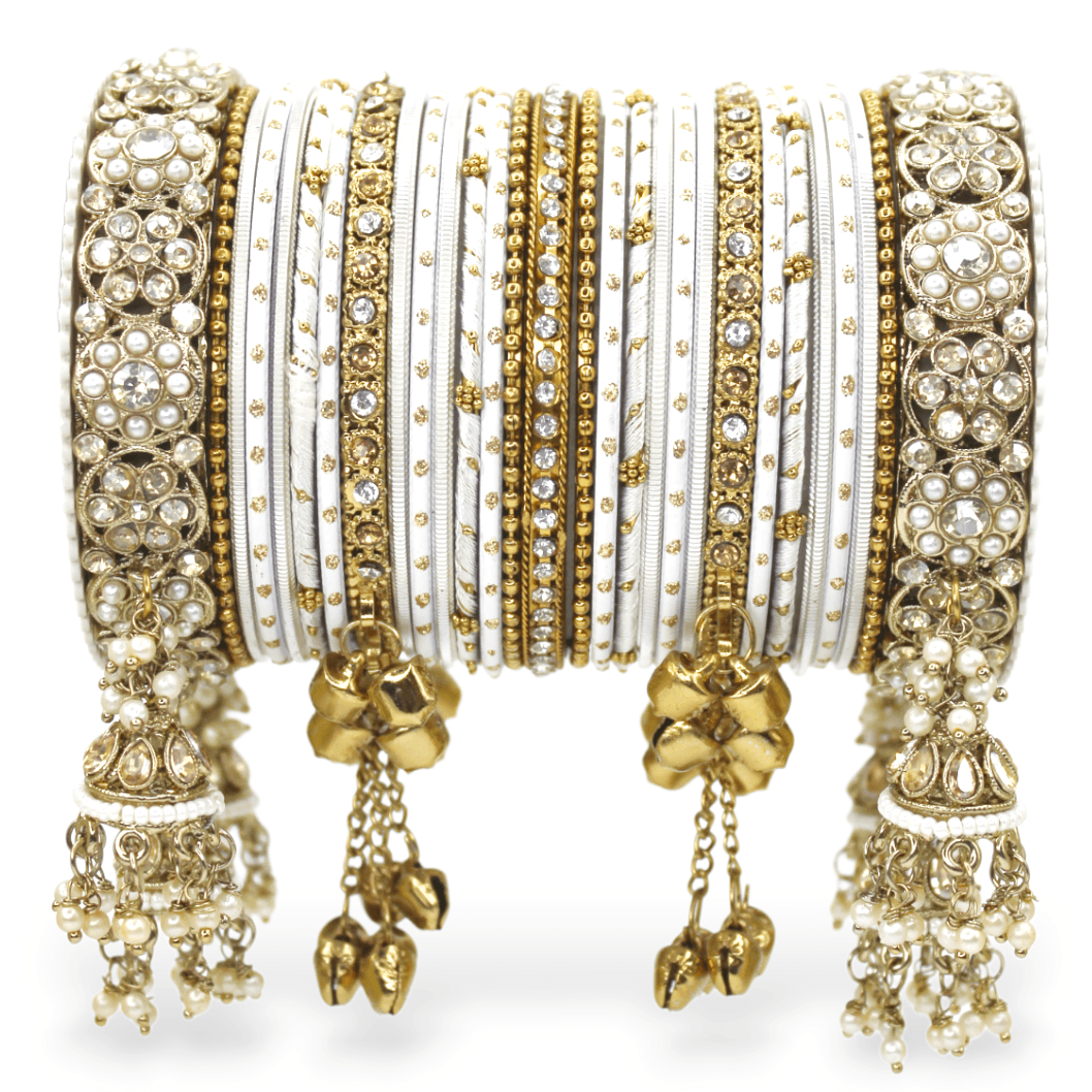 Heavy Jhumki Bangle set for two hands by T4 Jewels White All Bangle Sets T4 Jewels