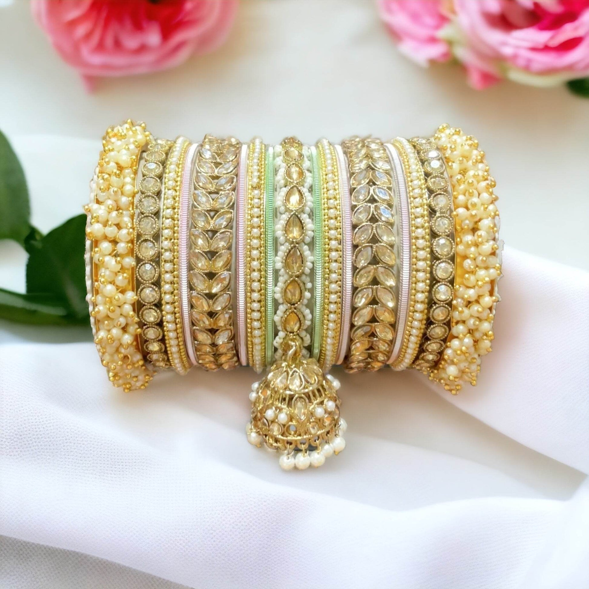 Bridal Stone Bangle Set with Jhumki by T4 Jewels Pink-Pista All Bangle Sets T4 Jewels