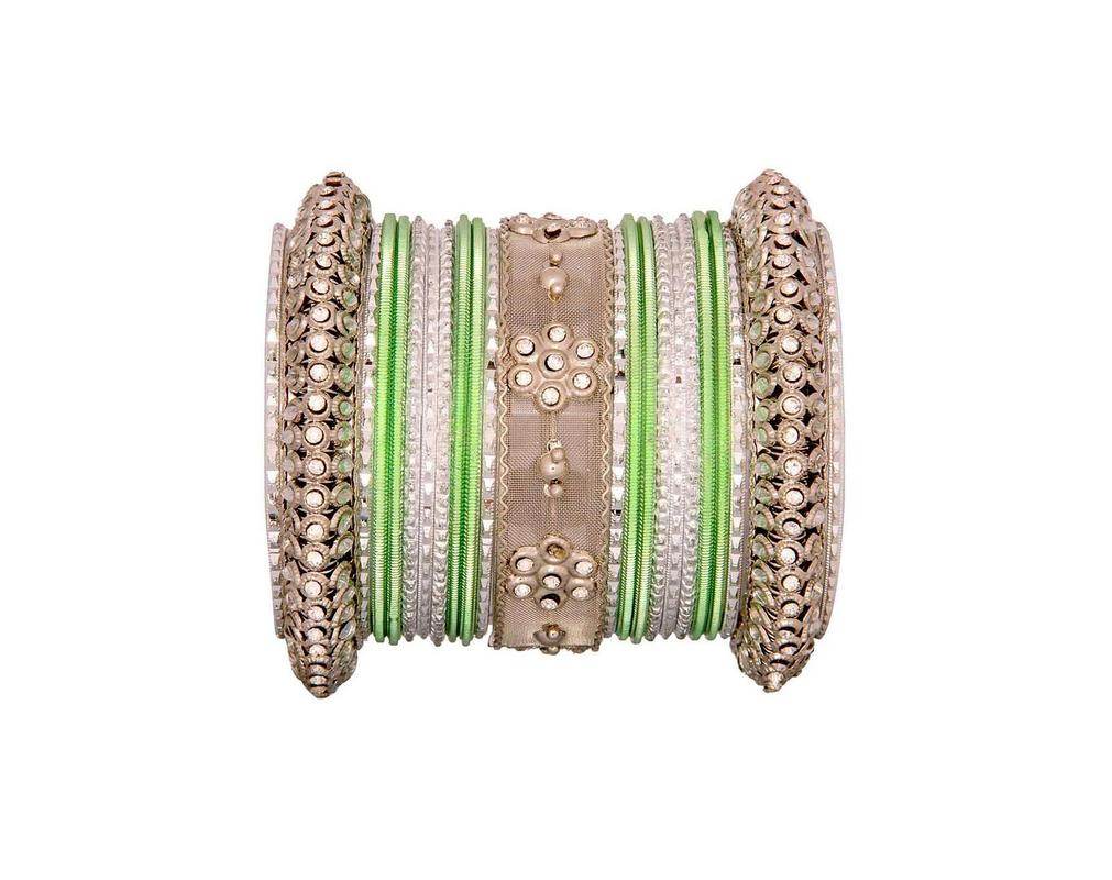 One Hand Multi-Colored Velvet Textured Bangle Set Pista-Silver All Bangle Sets T4 Jewels