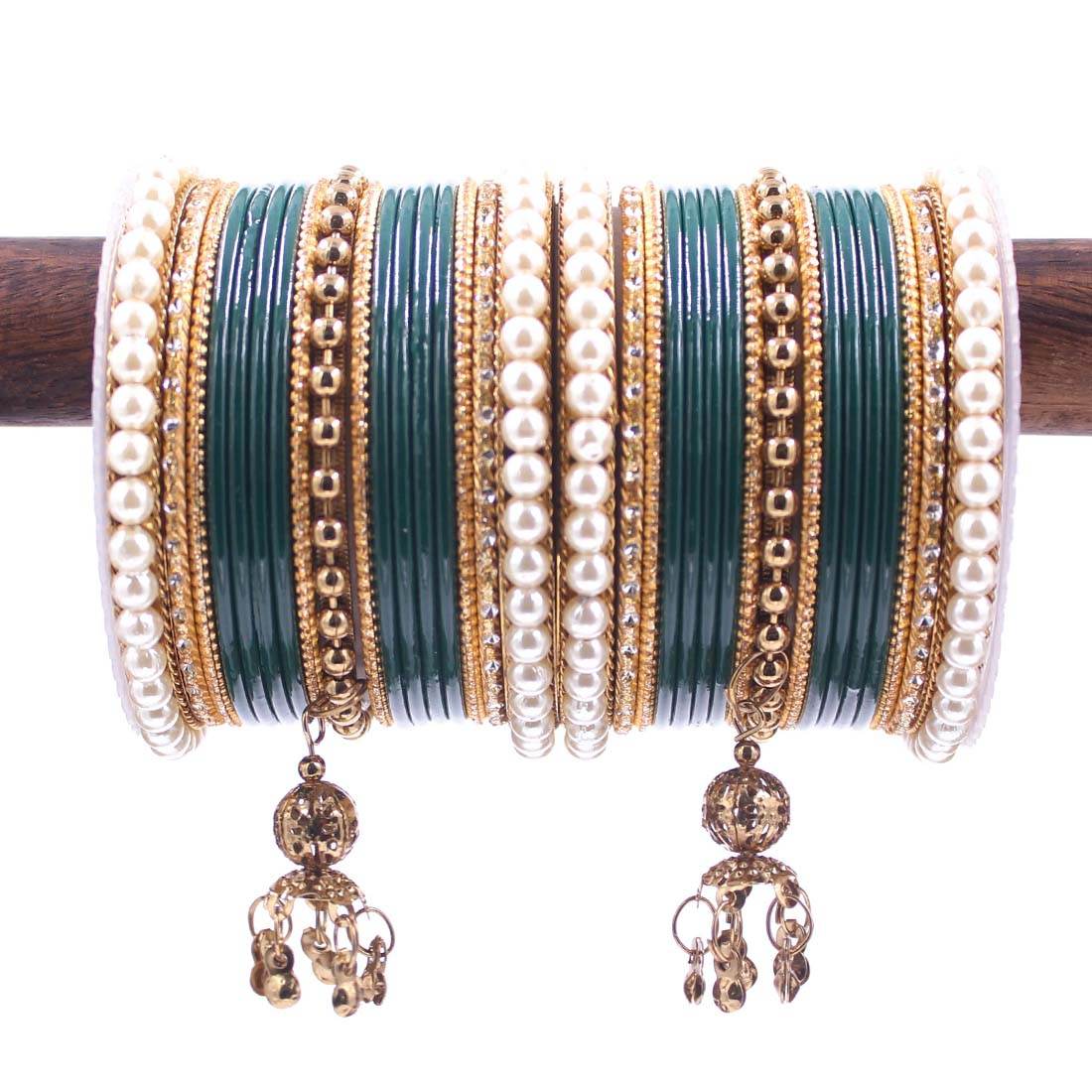 Traditional Solid Coloured Bangle Set with Pearl and Jhumki by T4 Jewels Radium All Bangle Sets T4 Jewels