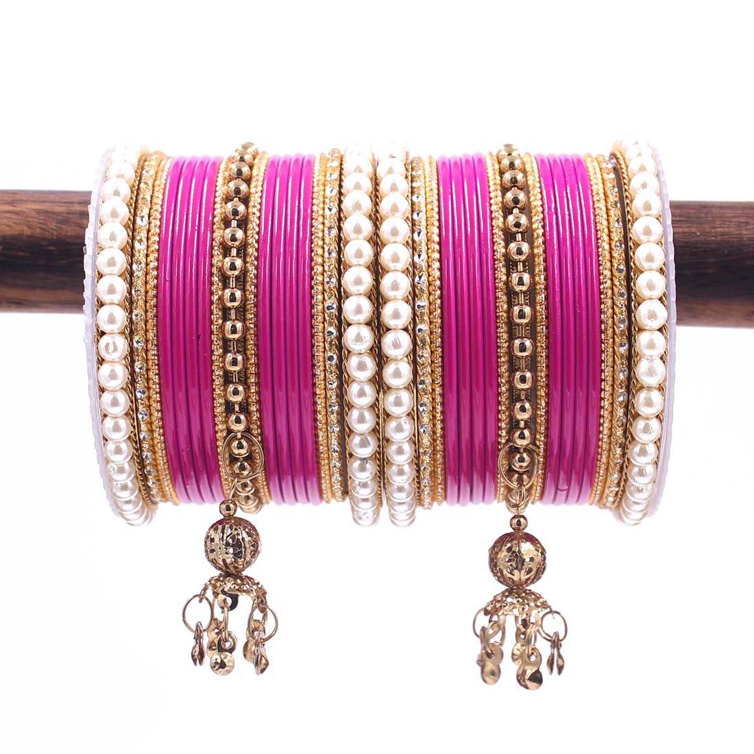 Traditional Solid Coloured Bangle Set with Pearl and Jhumki by T4 Jewels Rani All Bangle Sets T4 Jewels