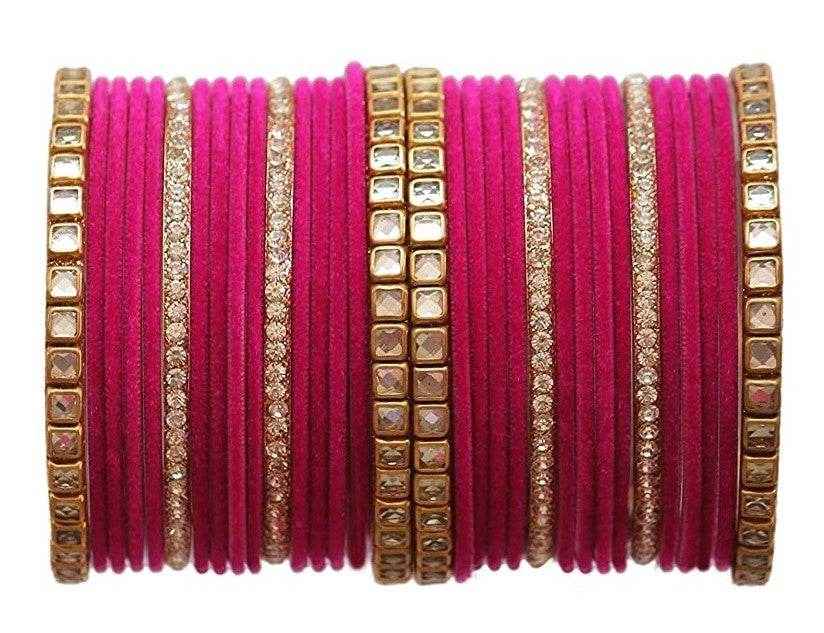 T4 Jewels 18k Gold Plated Zircon Stones And Beads Studded Fashion Jewellery Metal Bangles Set - 68NO Magenta All Bangle Sets T4 Jewels