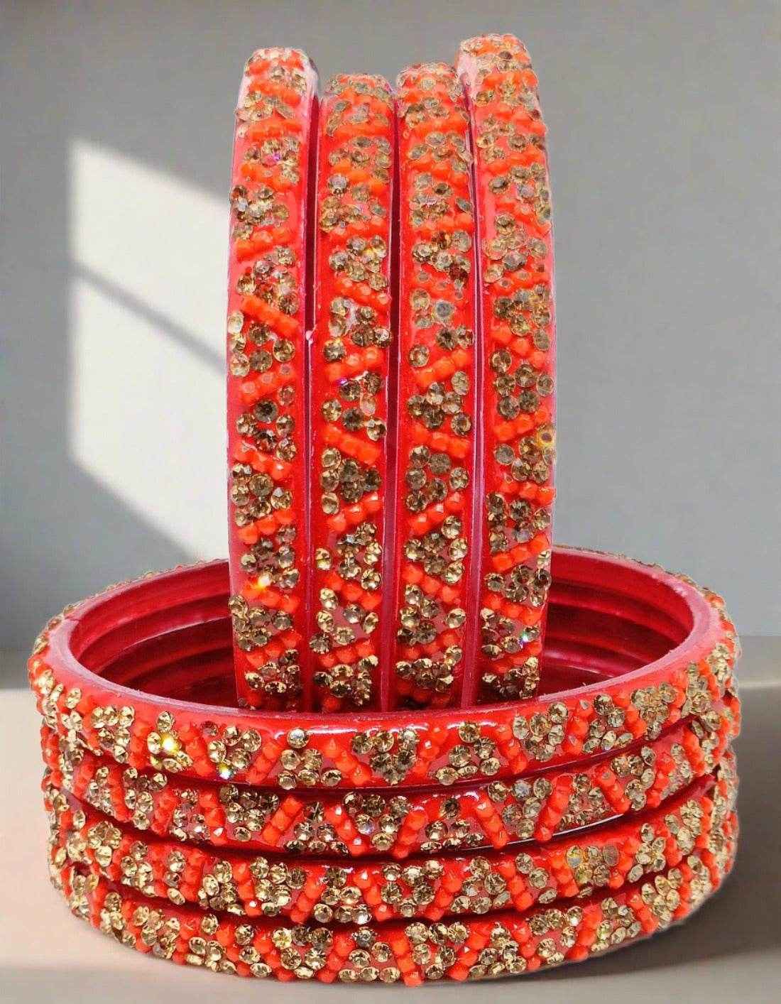 T4 Jewels (Large Size) Red, Green MultiColor Glass Kada Bangles (Pack Of 8)-KVT Red Large Size Bangles T4 Jewels