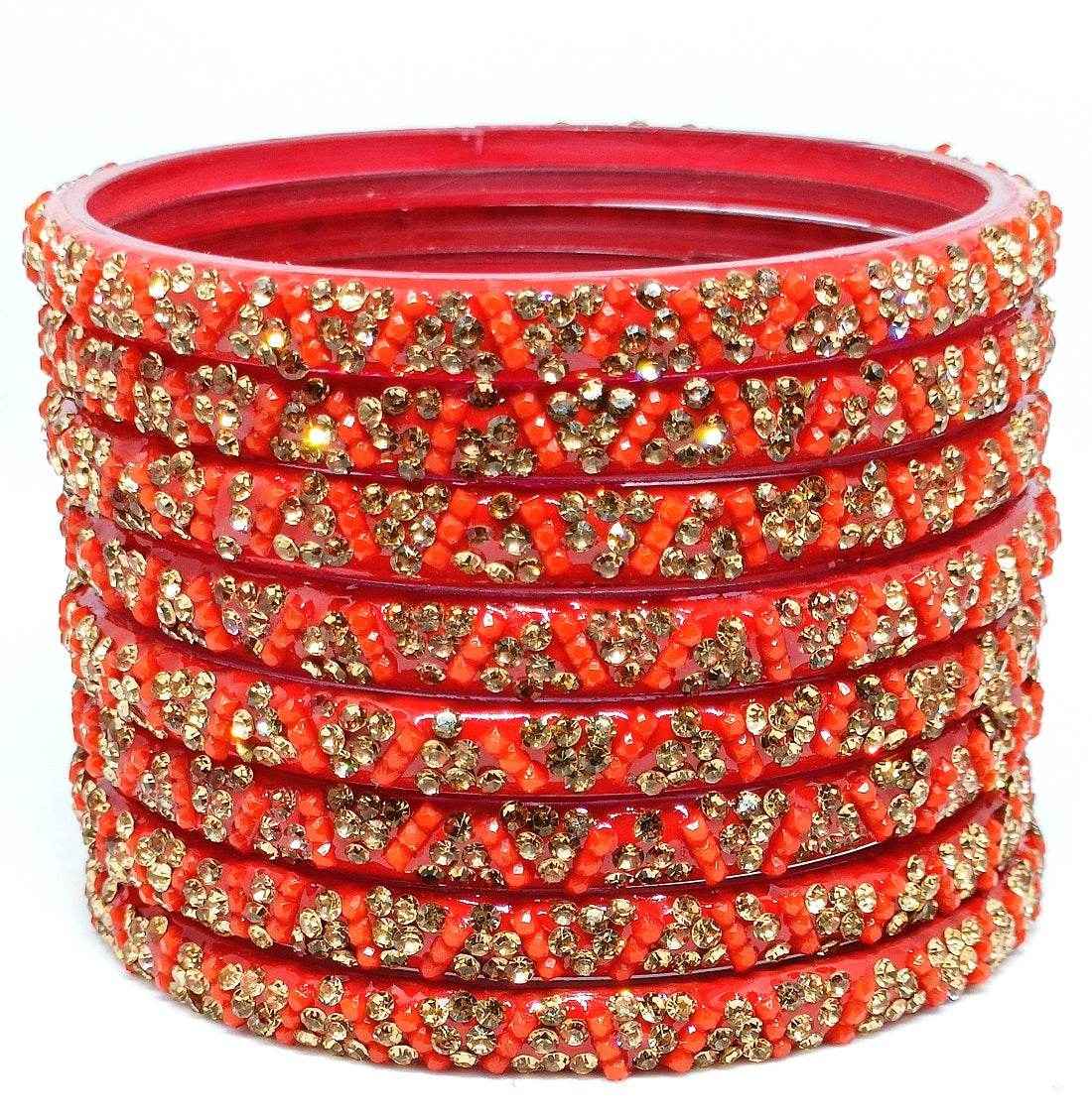 T4 Jewels (Large Size) Red, Green MultiColor Glass Kada Bangles (Pack Of 8)-KVT Large Size Bangles T4 Jewels