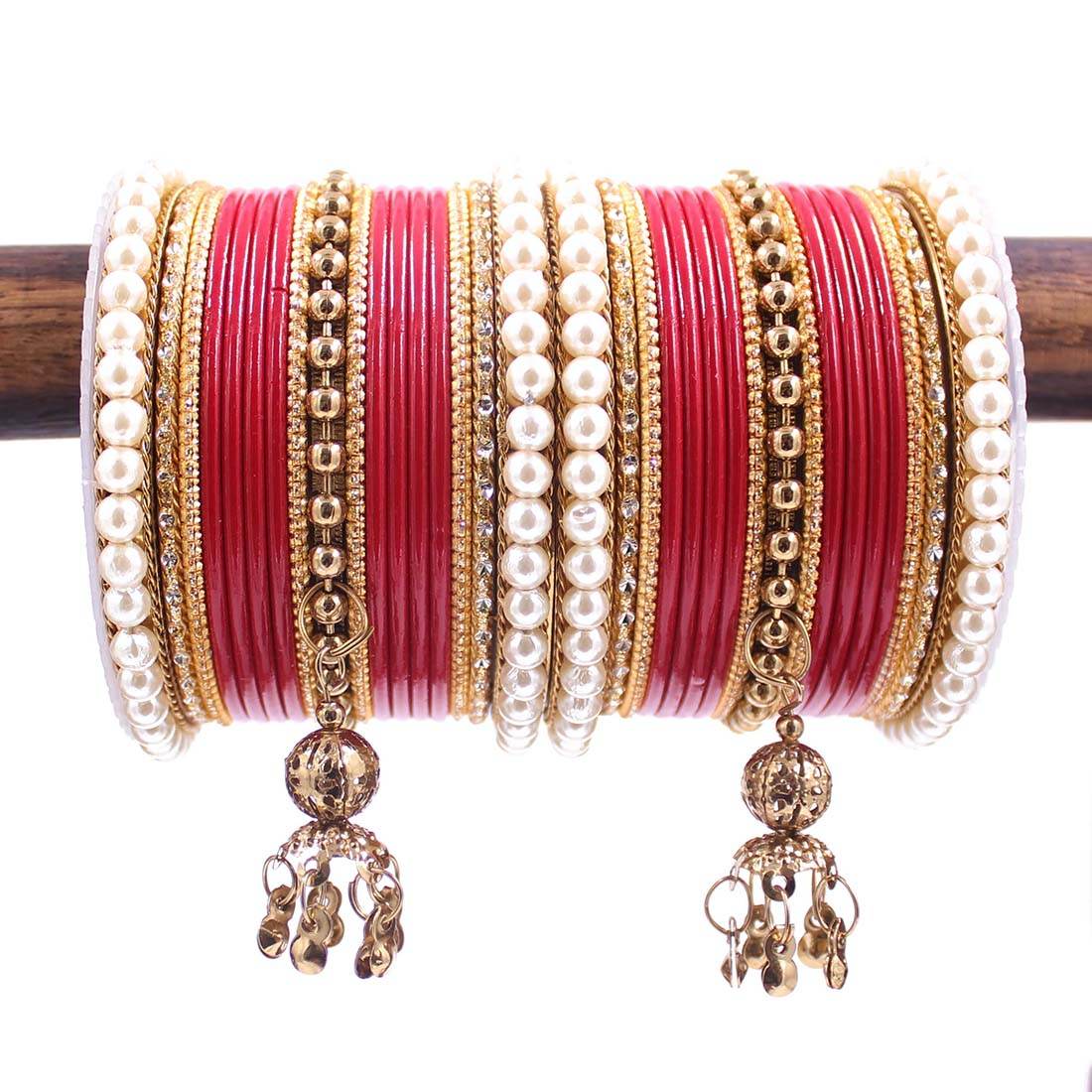 Traditional Solid Coloured Bangle Set with Pearl and Jhumki by T4 Jewels Red All Bangle Sets T4 Jewels